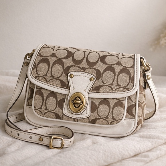 Handbags - Coach Signature Turnlock Flap Crossbody Bag Khaki Brown White Trim Y2K 2007